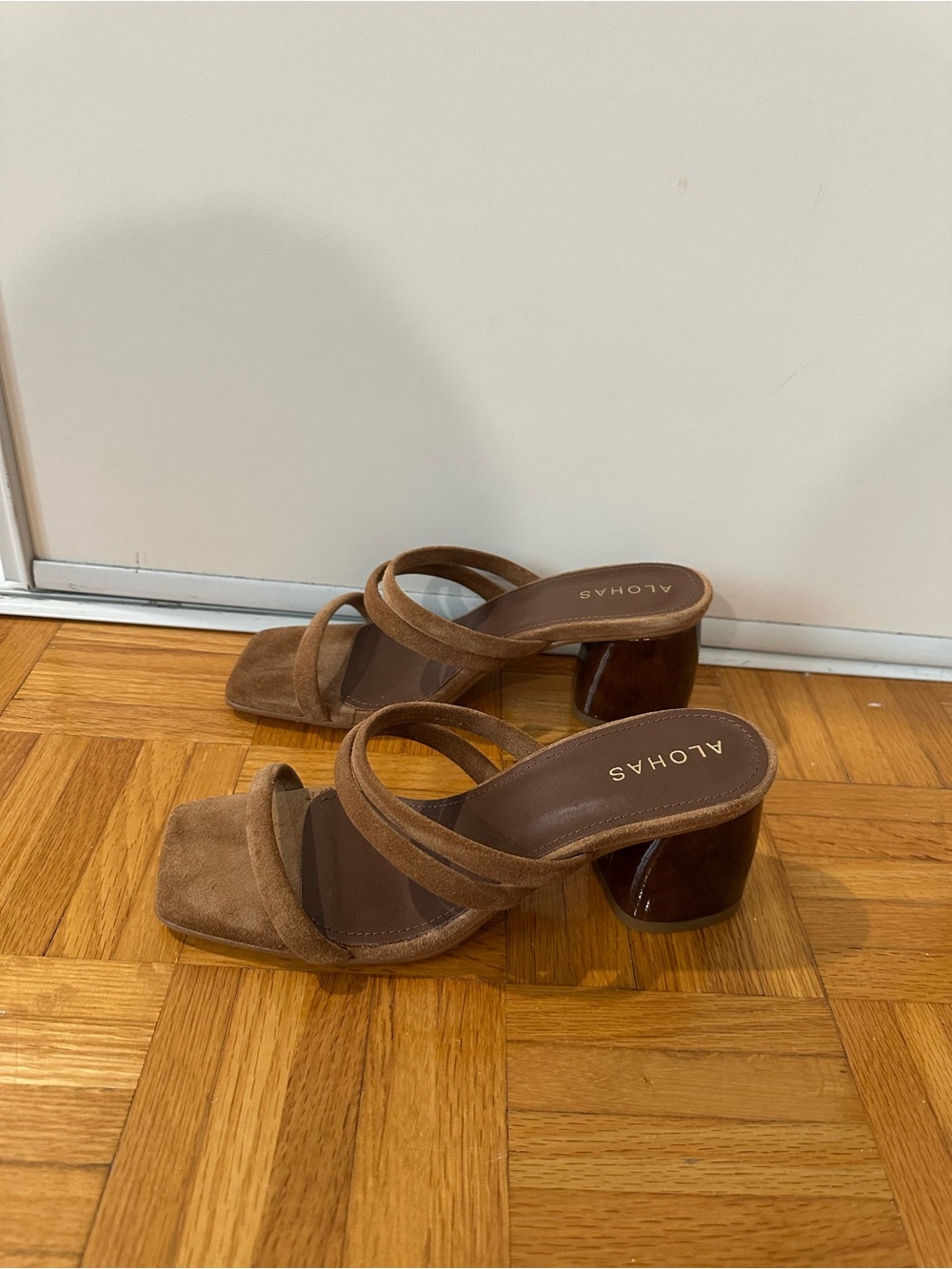 ALOHAS Brown Suede Double-Strap Block Heel Mules
